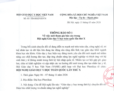 Thông báo số 1 về việc mời tham gia báo cáo trong Hội nghị Giáo dục Y học toàn quốc lần thứ X