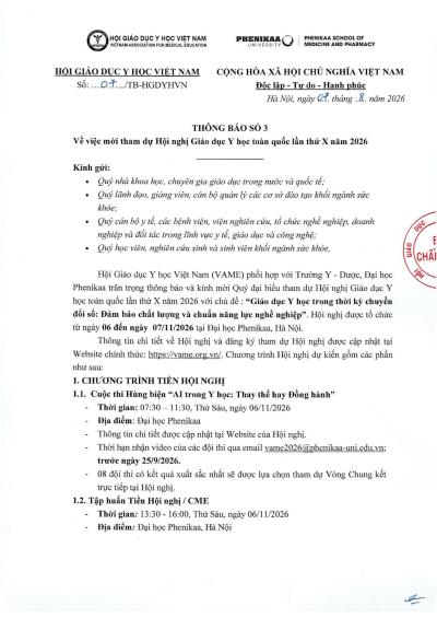 Thông báo số 3 Về việc mời tham dự Hội nghị Giáo dục Y học toàn quốc lần thứ X năm 2026