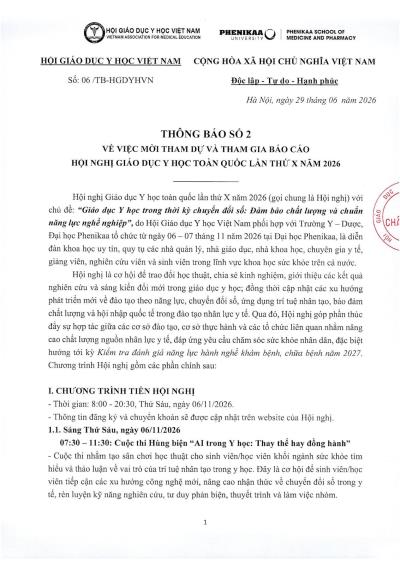 THÔNG BÁO SỐ 2 VỀ VIỆC MỜI THAM DỰ VÀ THAM GIA BÁO CÁO HỘI NGHỊ GIÁO DỤC Y HỌC TOÀN QUỐC LẦN THỨ X NĂM 2026