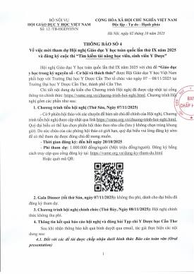 Thông báo số 4 về việc mời tham dự Hội nghị Giáo dục Y học toàn quốc lần thứ IX năm 2025 và đăng ký cuộc thi “Tìm kiếm tài năng học viên, sinh viên Y Dược"